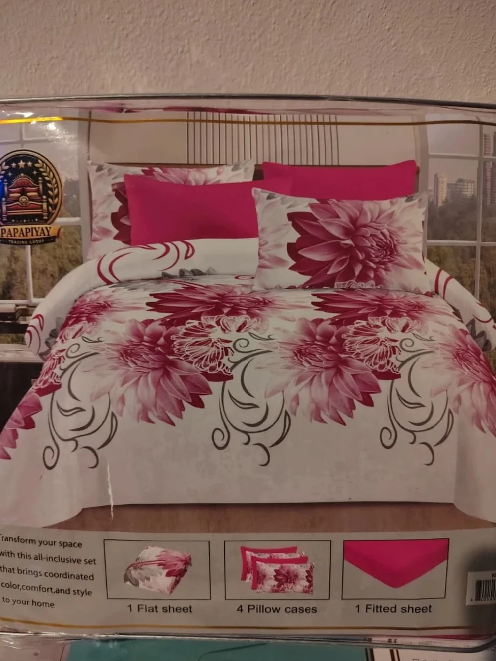 Pink Floral Home Bedding Set - 1 Flat Sheet, 1 Fitted Sheet & 4 Pillowcases
